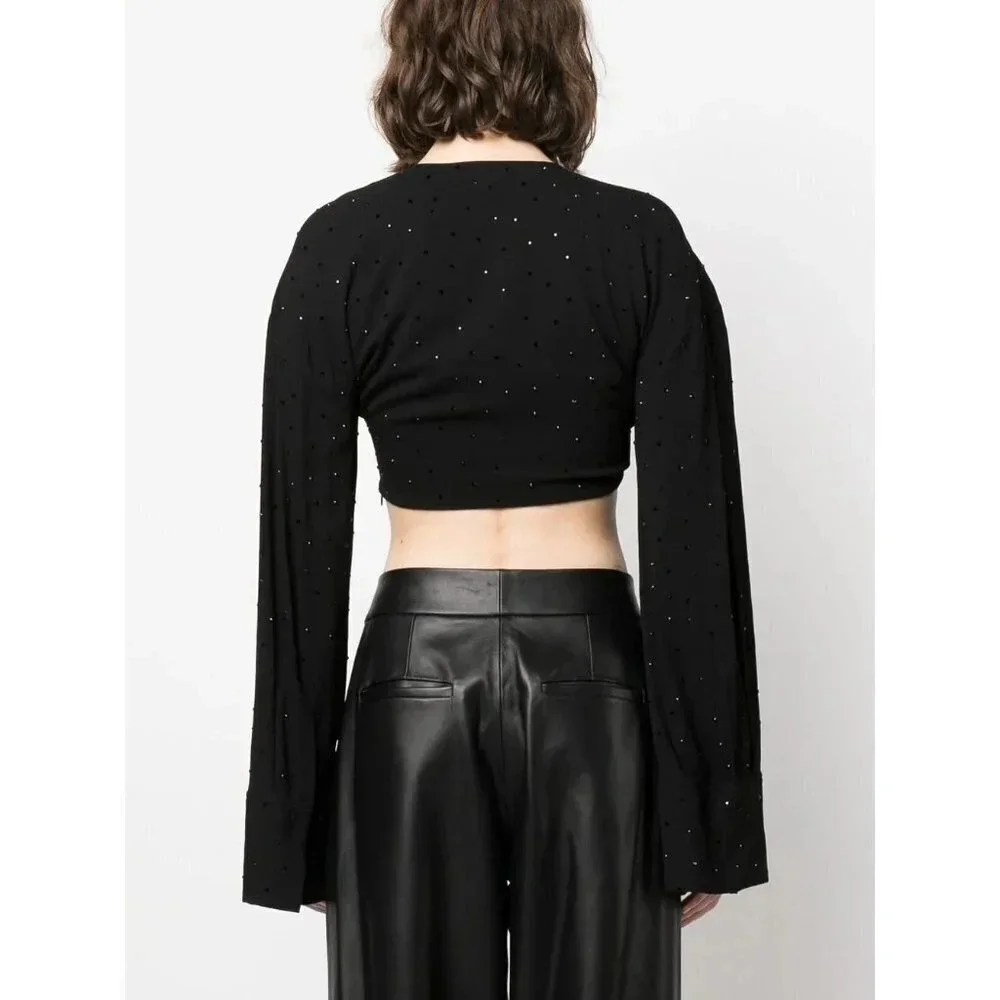 Blumarine Hot Fix Crystal Long Sleeve Crop Top in Nero Black 38 2 Womens Cropped